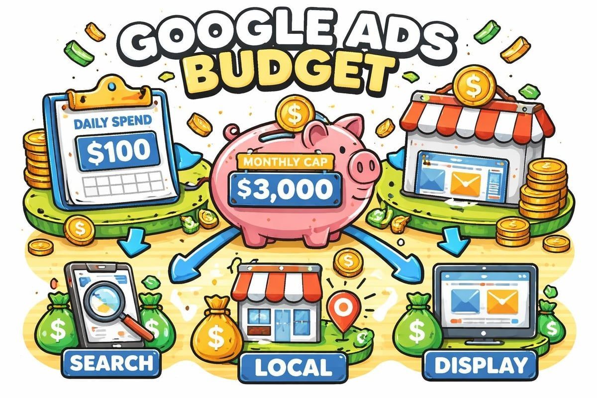 Google Ads budget illustration with money bags, piggy bank, store fronts, and digital devices.