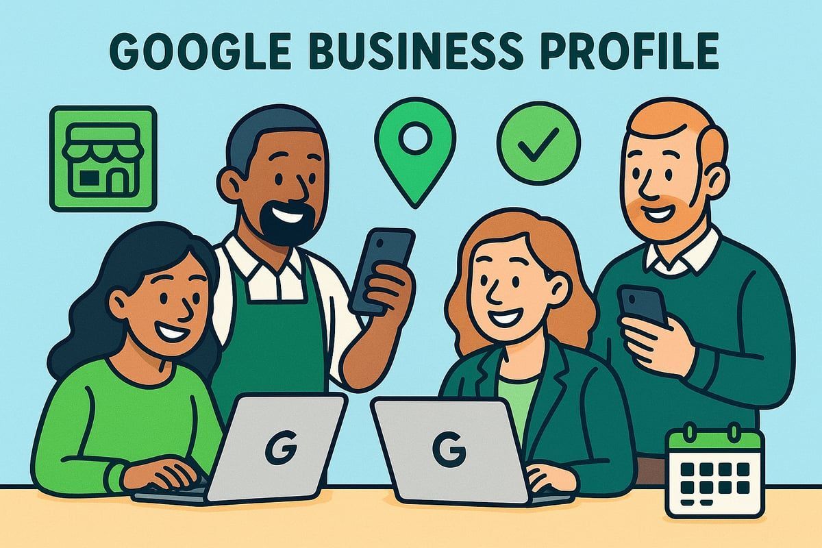 Illustration of four people using laptops and smartphones with Google Business Profile icons.