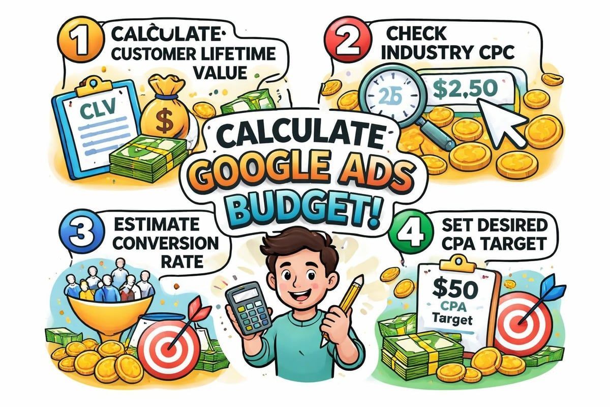 Infographic: Steps to calculate a Google Ads budget. Includes CLV, industry CPC, conversion rate, and CPA target calculations.