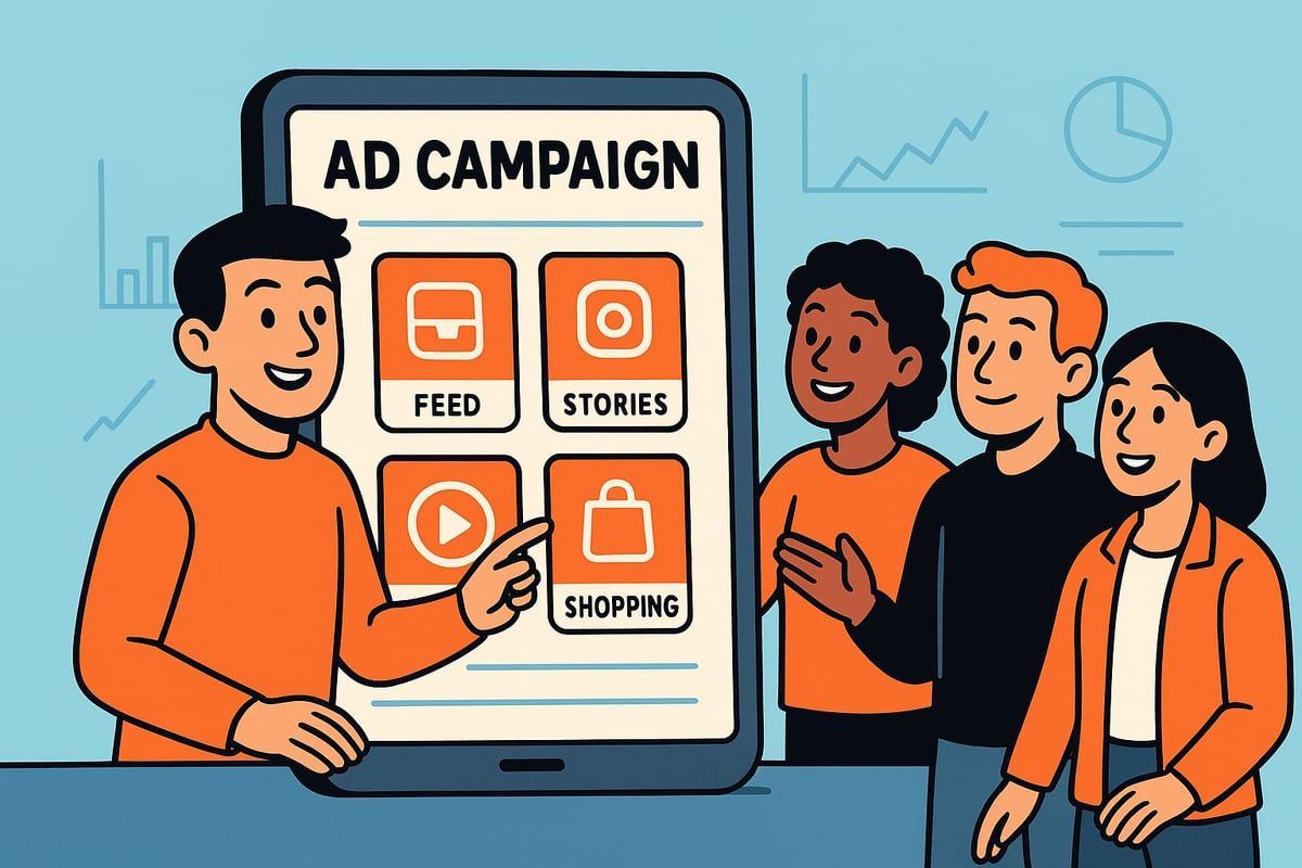 Team discussing an ad campaign on a phone. The options include feed, stories, shopping and a video.