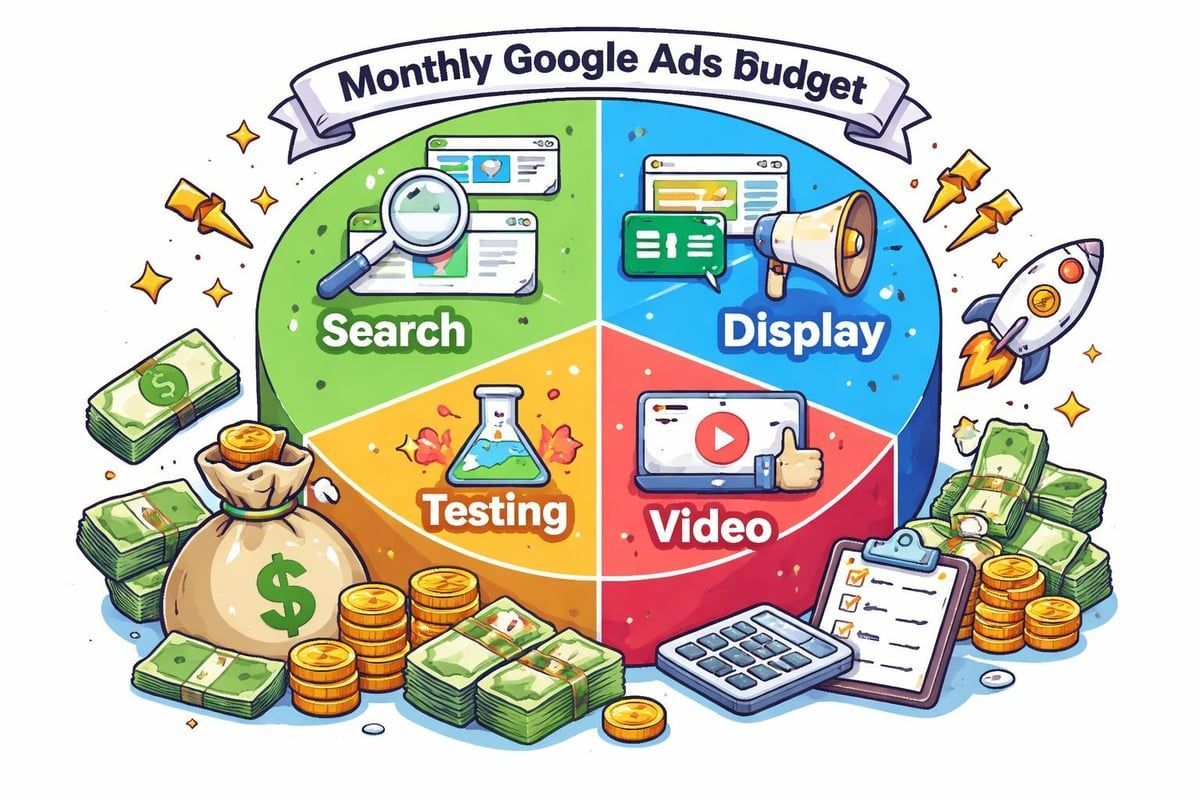 Infographic showing Google Ads budget allocation: Search, Display, Video, and Testing. Money stacks, rocket, and magnifying glass.