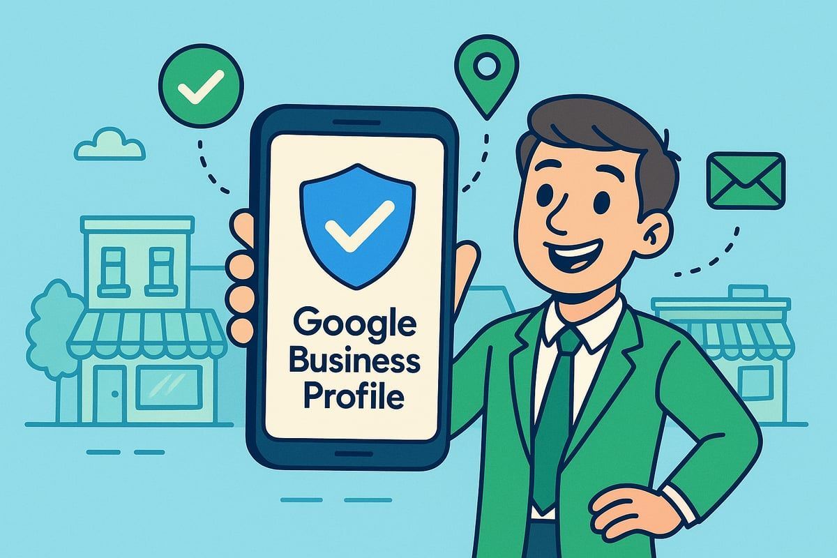 Man holding phone with Google Business Profile logo, surrounded by business icons and buildings.