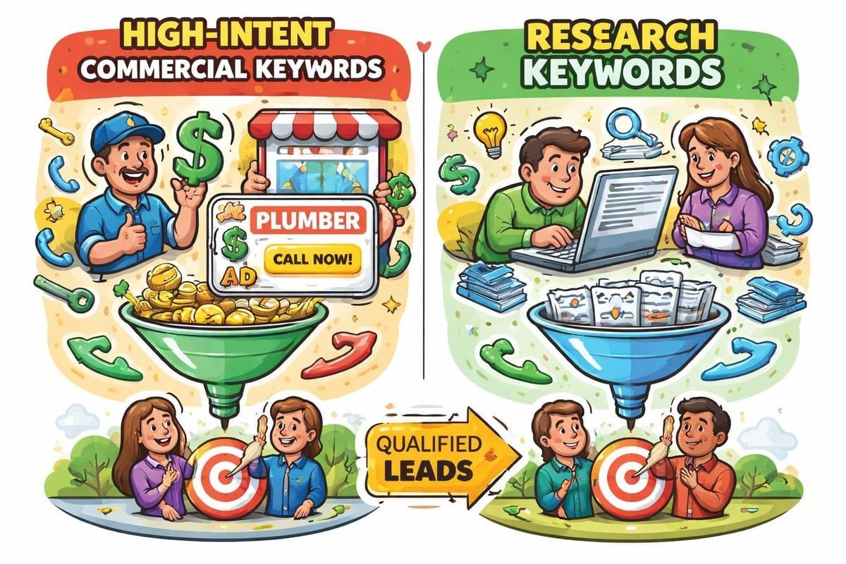 Diagram comparing high-intent and research keywords. Funnels, people, and targets illustrate the sales process.