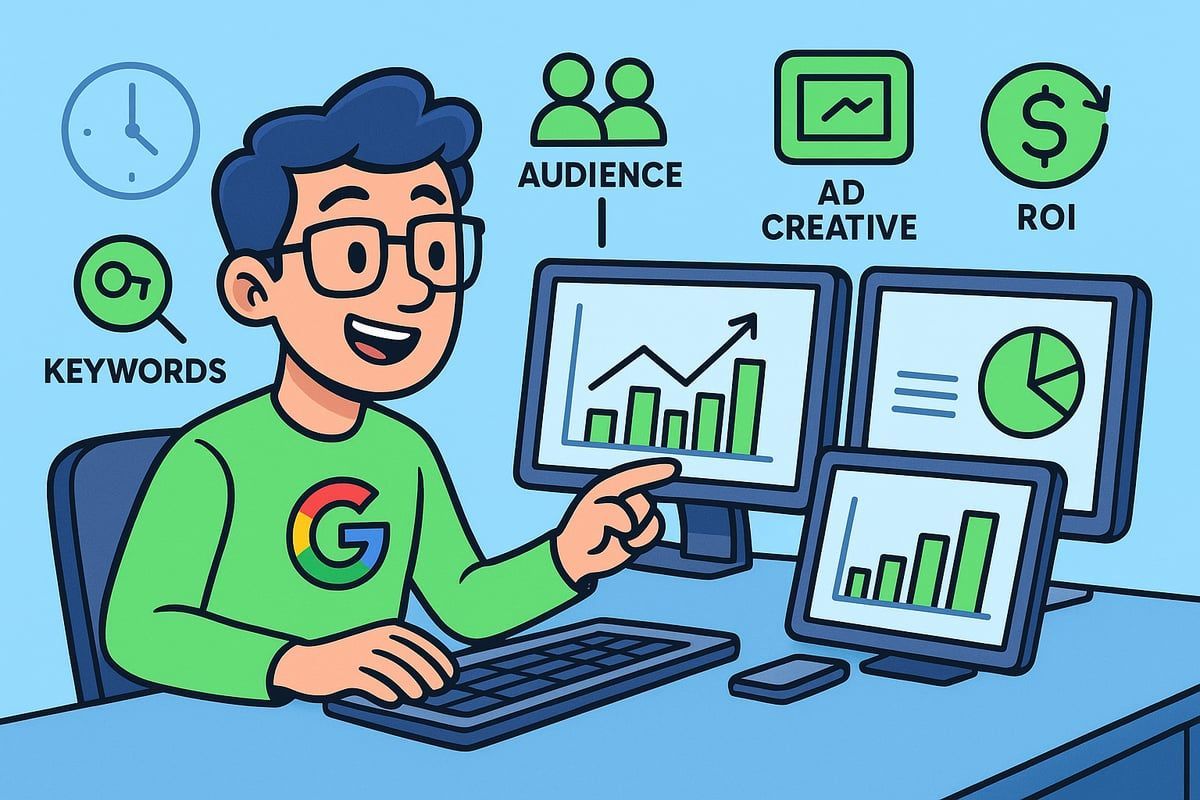 Person with glasses working on computers; marketing graphics with data charts and icons.