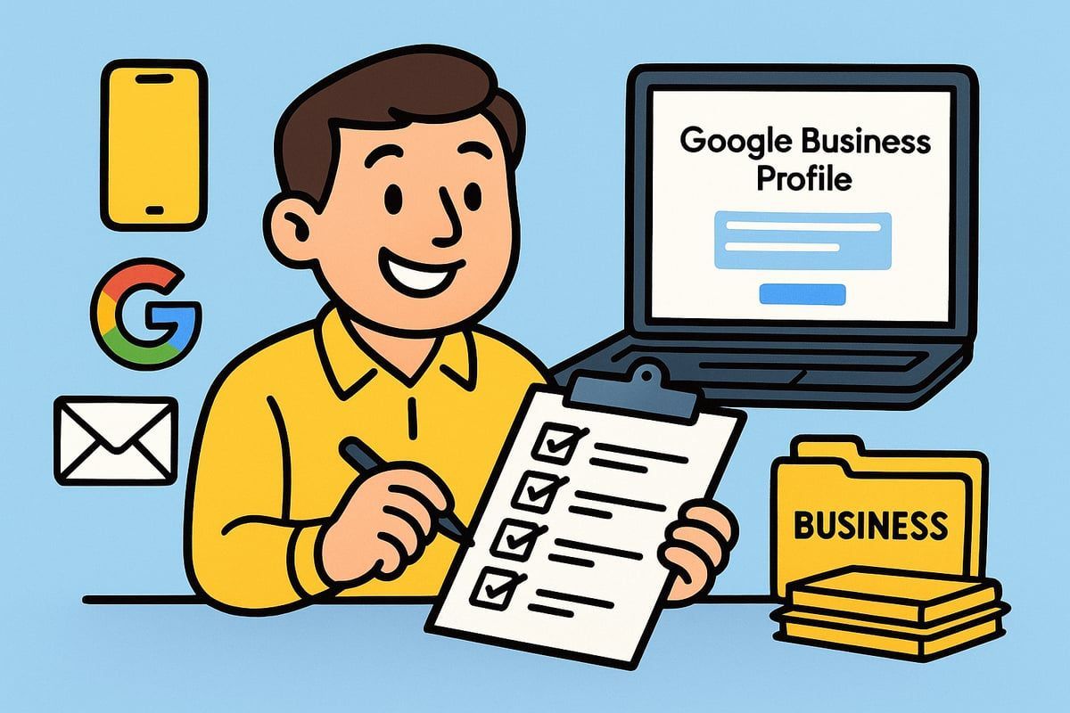 Man with clipboard working on Google Business Profile on laptop.