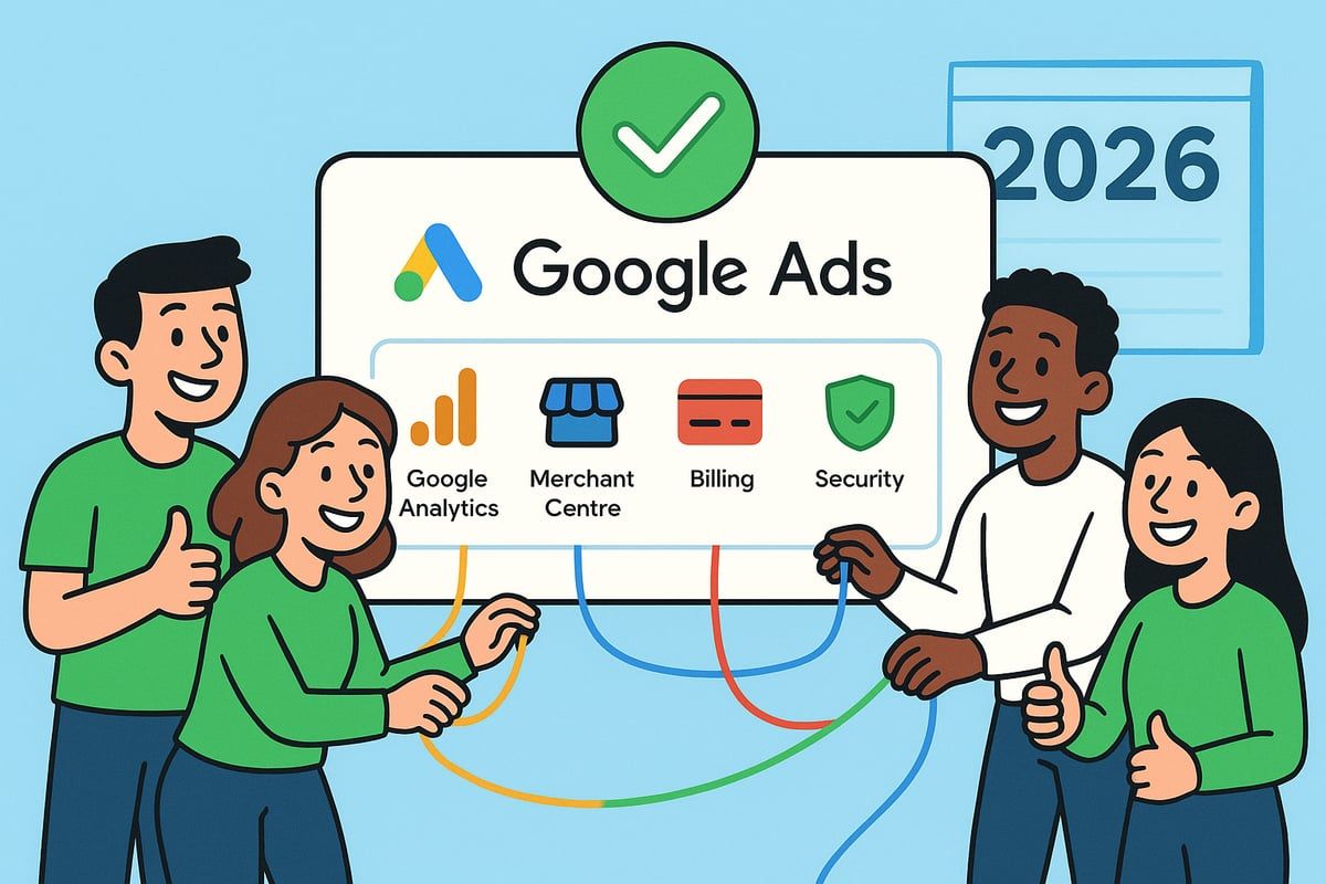 Team celebrating Google Ads success, holding wires connected to Google tools, with a 2026 calendar in the background.