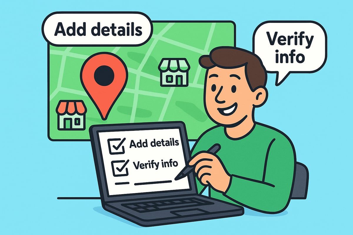 Man on laptop adding and verifying location details on a map.