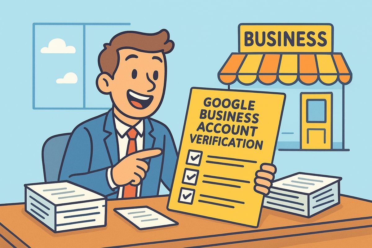 Man holding a checklist for Google Business Account Verification, pointing at it with a smile, in front of a business building.