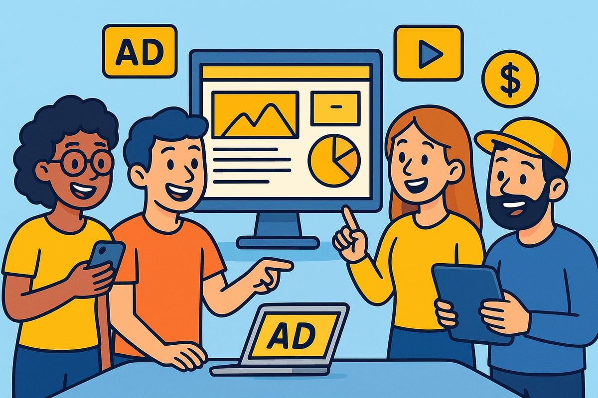 Team of four people collaborating around a computer screen, reviewing digital advertising campaigns.