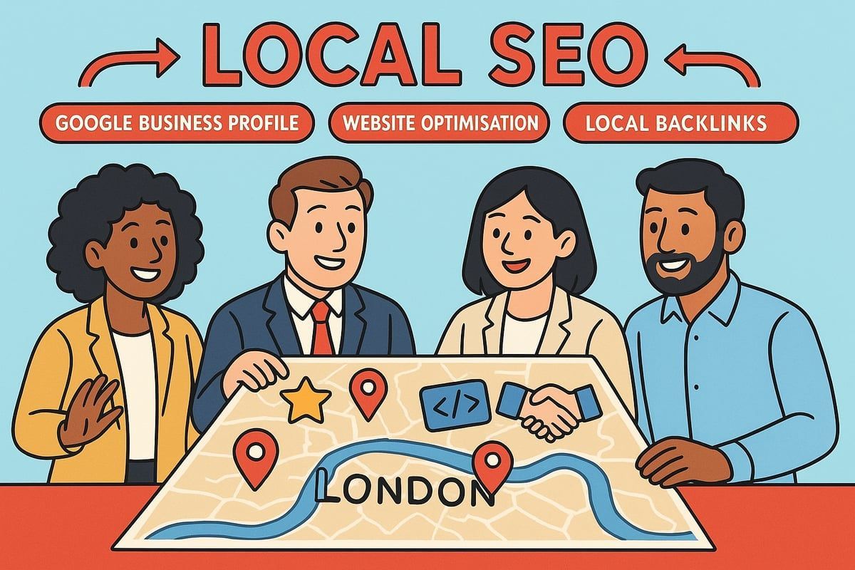Four people around a map of London with SEO terms: Google Business Profile, website optimization, and local backlinks.