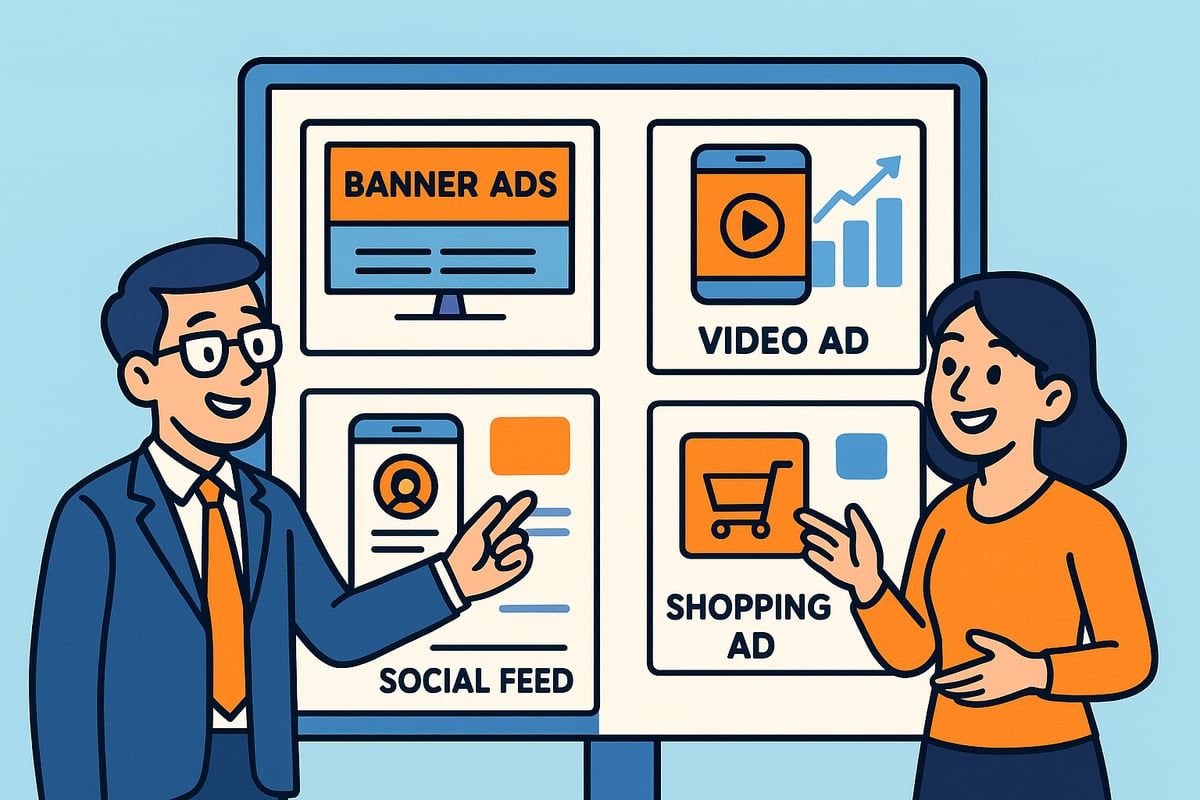 Two people discuss digital marketing types: banner, video, social feed, and shopping ads on a board.