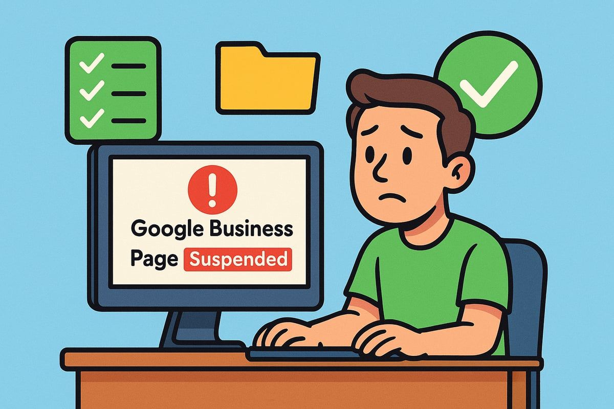 Man looking at computer with suspended Google Business Page. Screen shows error icon.