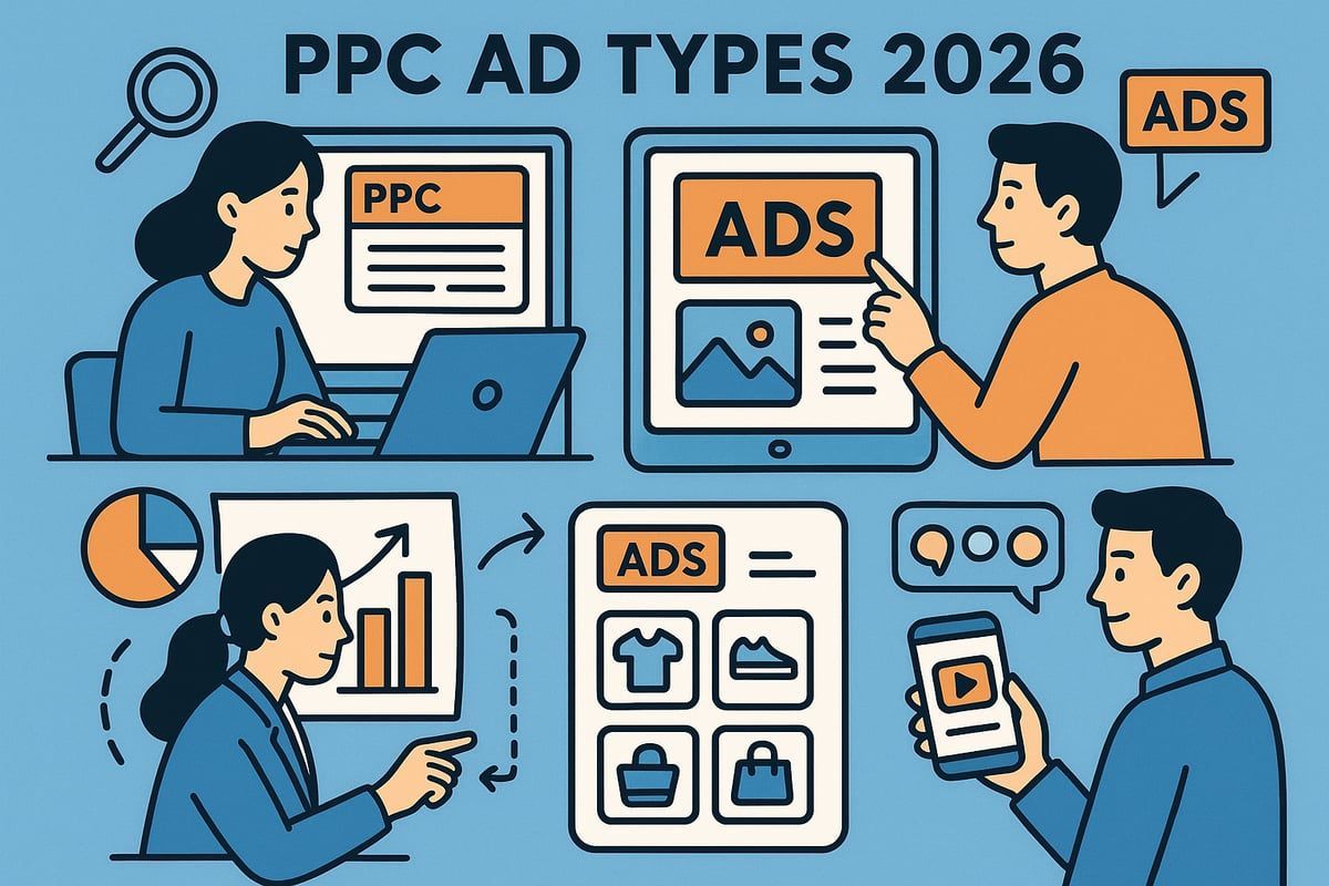 PPC ad types depicted, showing people using laptop, tablet, charts, and phone to display ads.
