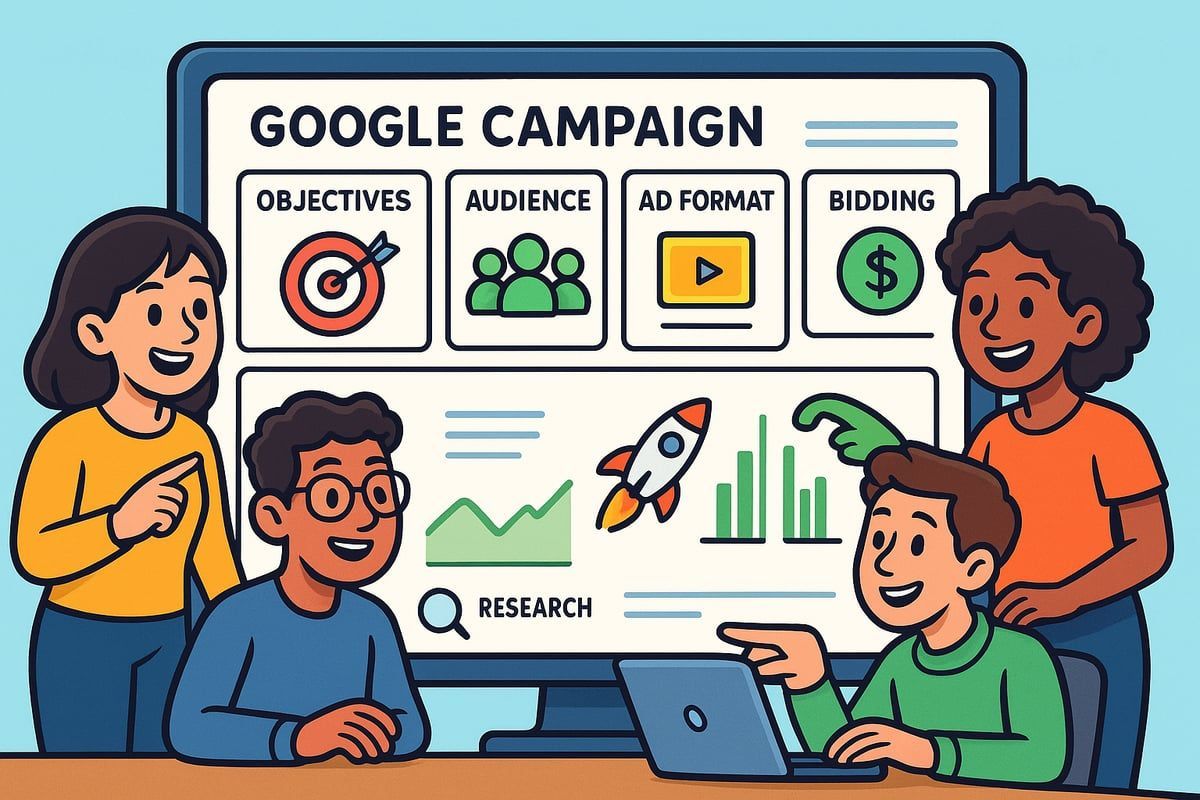 Team around a computer screen titled 