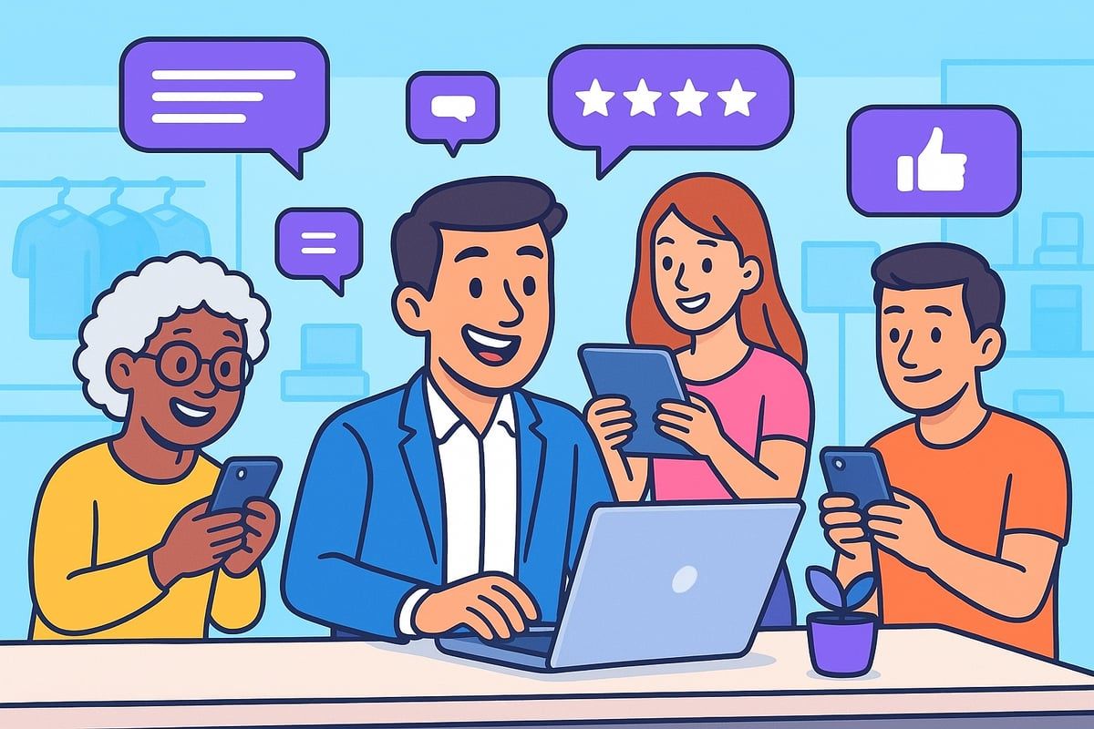 People on devices giving feedback, shown by speech bubbles, stars, & like icon.