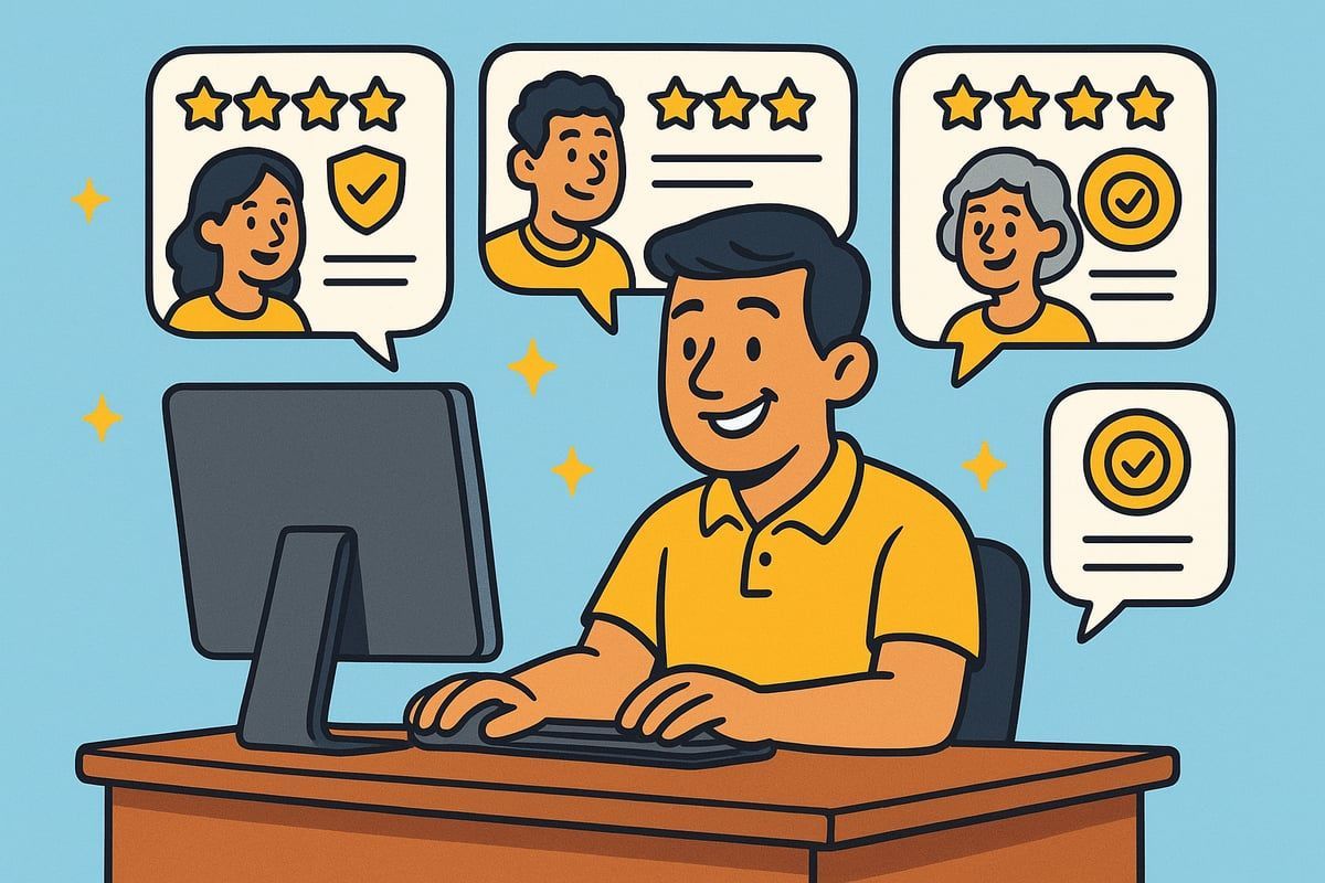 Man at computer smiles; review bubbles with positive feedback, gold stars, and checkmarks.