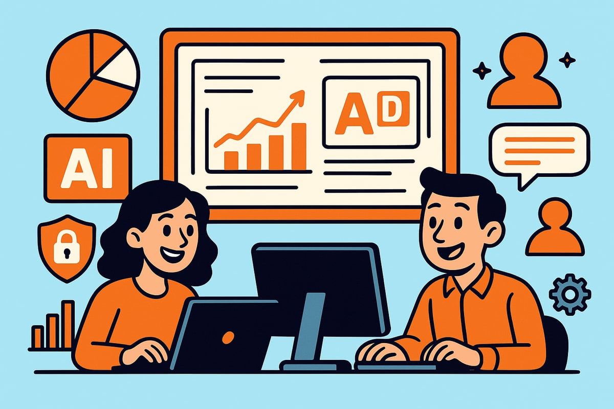 Two people working on computers, surrounded by data visualization icons, orange and blue color scheme.