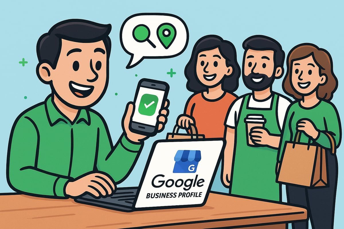 Man showing phone with a checkmark, laptop with Google Business Profile, and customers.