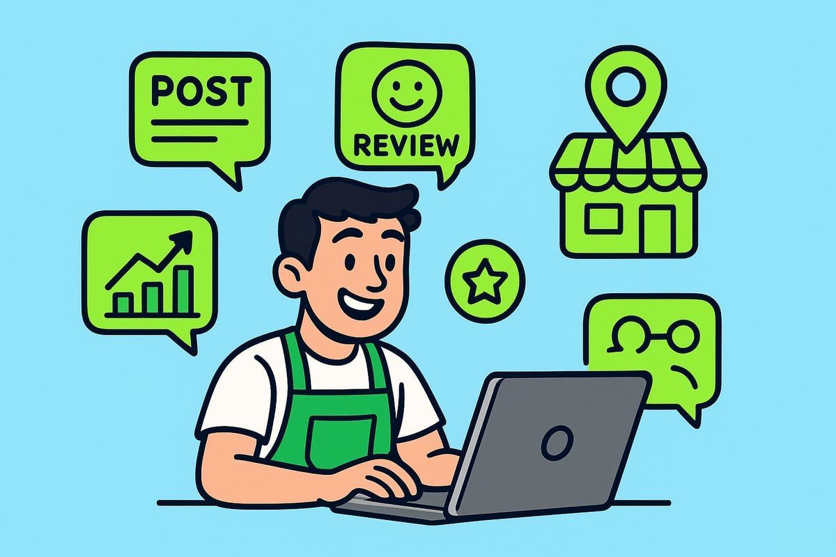 Person with laptop surrounded by social media icons like reviews and location.