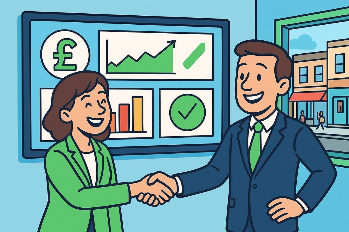 Two people shaking hands in front of financial charts; office setting.