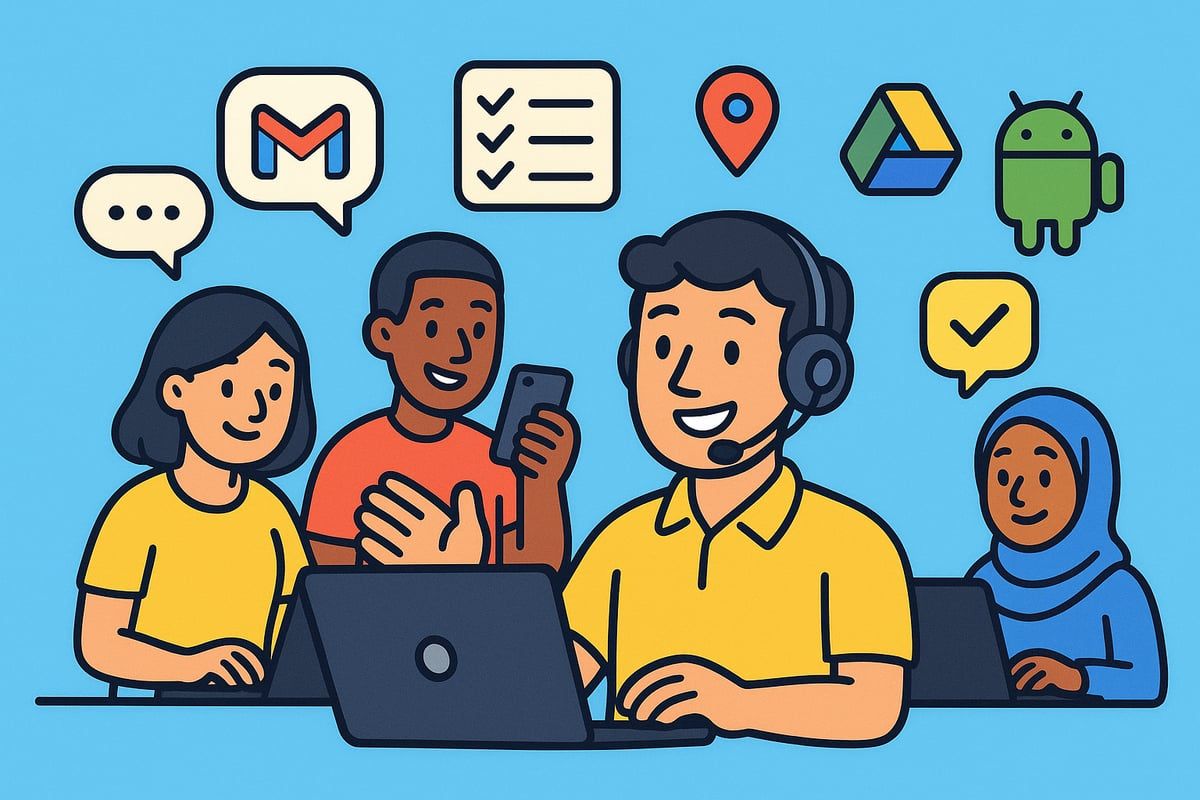 Group of people using technology, with a person wearing a headset smiling and helping others. Google app icons in background.