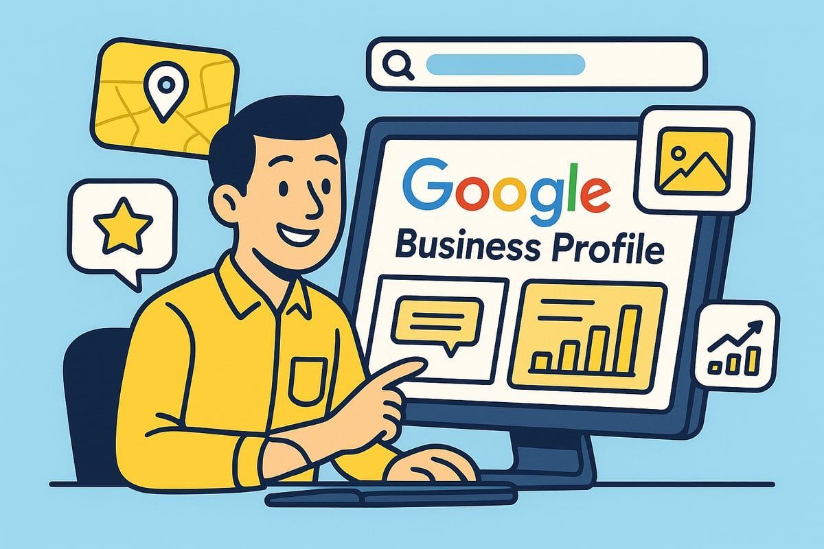Man pointing to Google Business Profile on a computer screen. Cartoon style, blue background, icons.