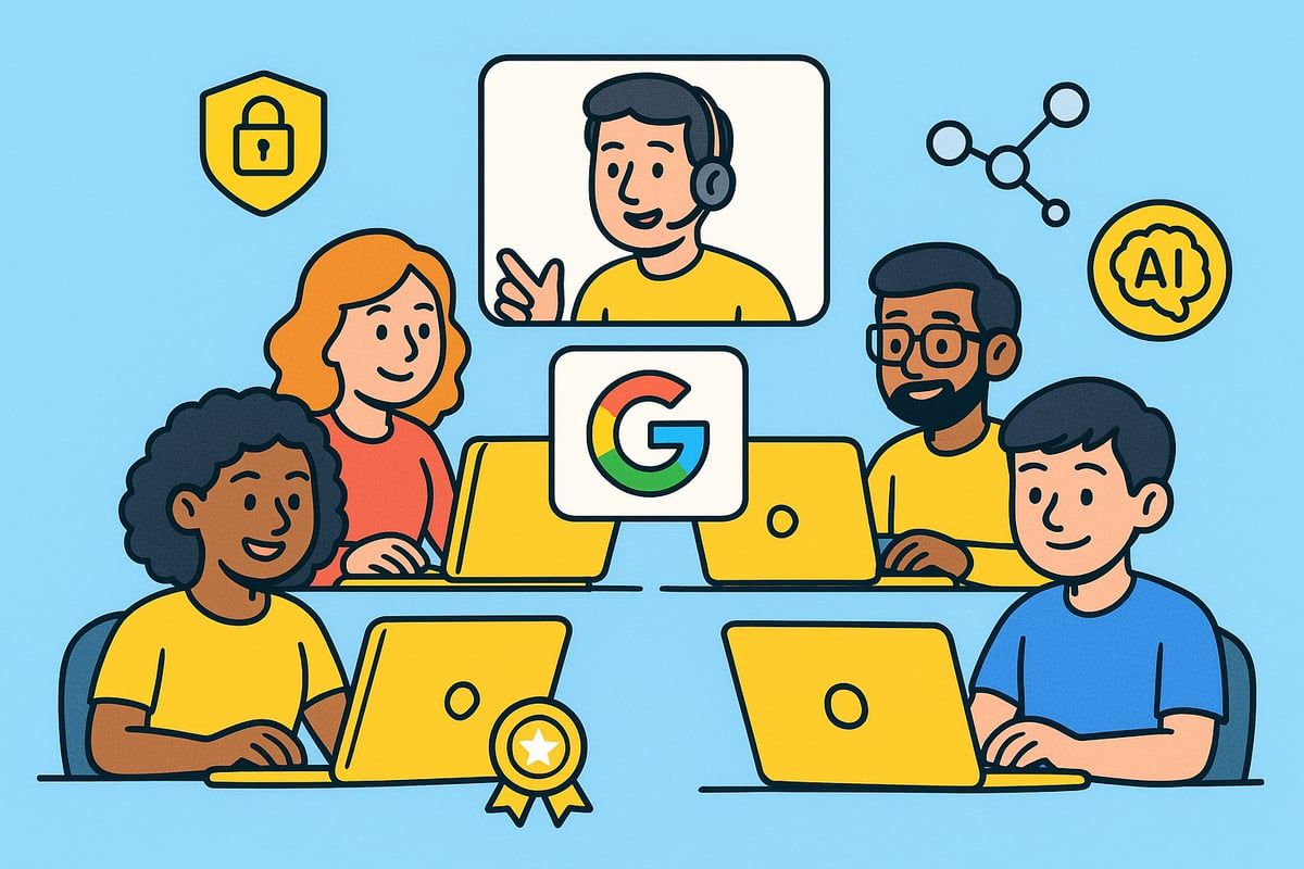 Group of people working on laptops, with Google logo and online video call in the center.