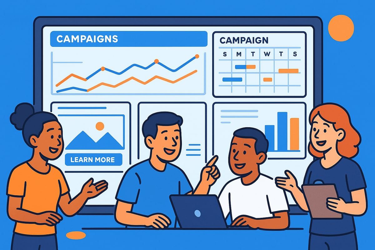 Team members collaborating on marketing campaigns, viewing data analytics on a screen.