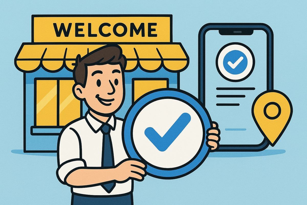 Man holding a verified checkmark near a store and smartphone with a checkmark.