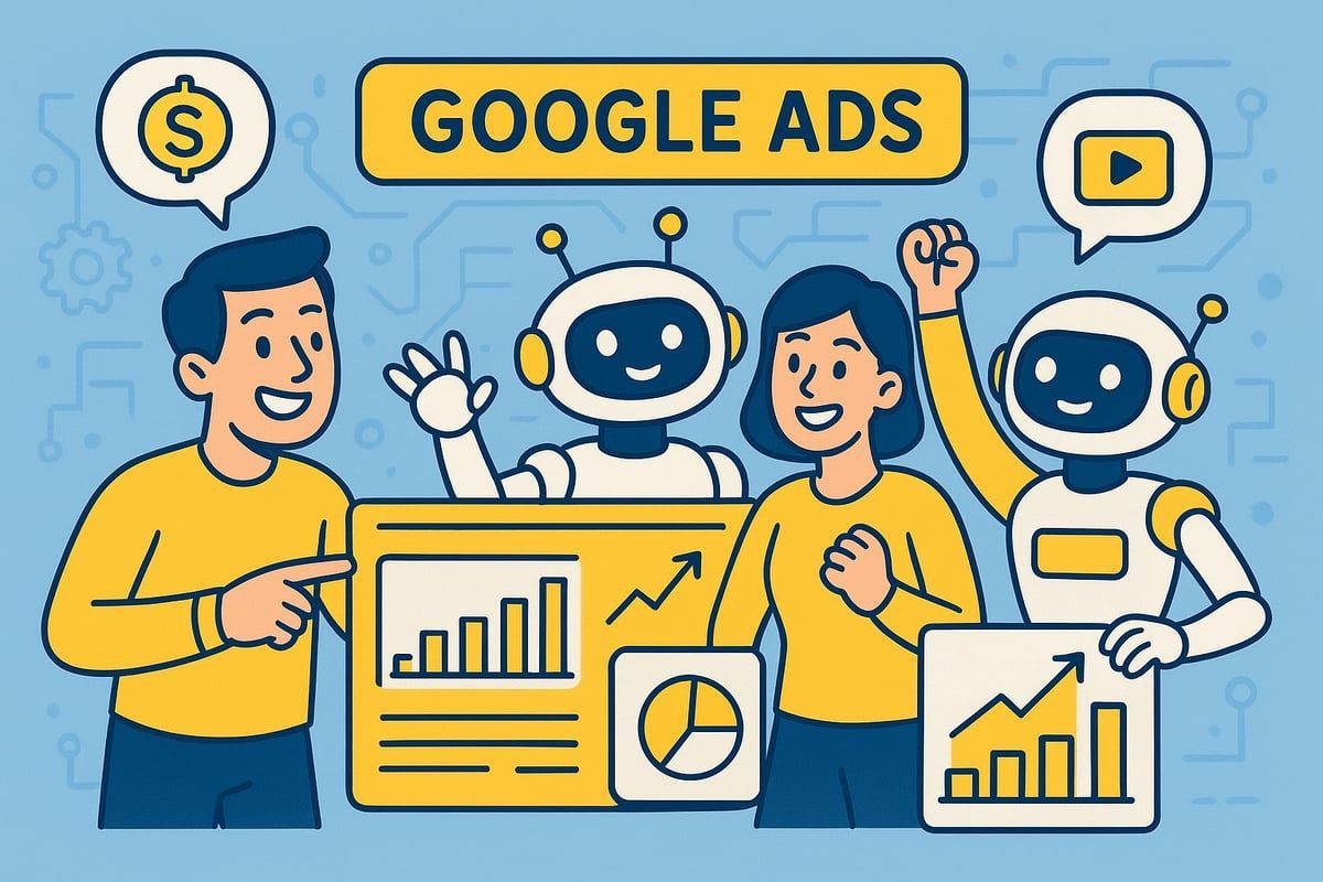 People with robots analyzing Google Ads data and charts.