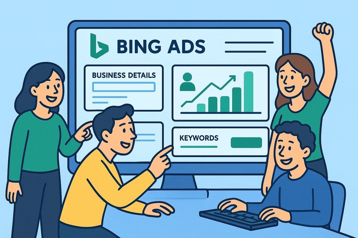 Group of people around a computer screen displaying Bing Ads. They appear excited, pointing at the screen, and celebrating.