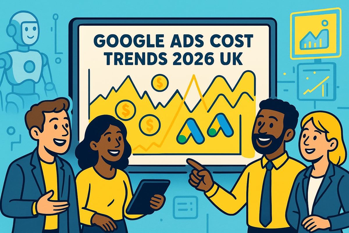 Team reviewing Google Ads cost trends in the UK for 2026, with a graph displayed on a screen.