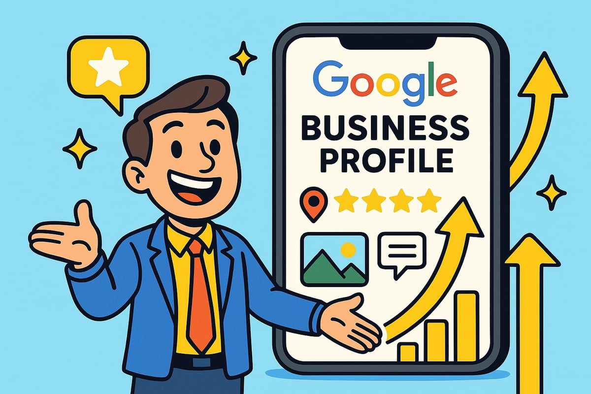 Man next to a smartphone displaying a Google Business Profile, with rising arrows.