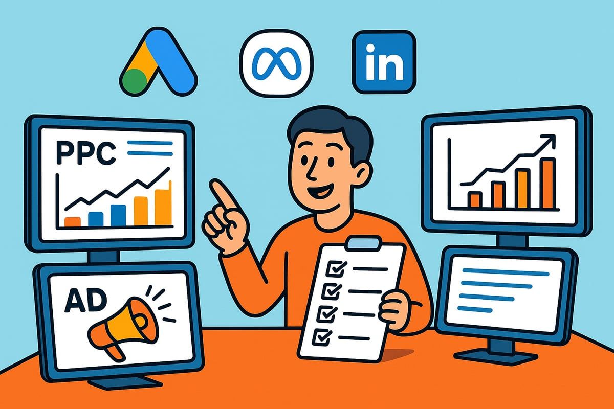 A person analyzing marketing data on computer monitors, with Google Ads, Meta, and LinkedIn logos above.