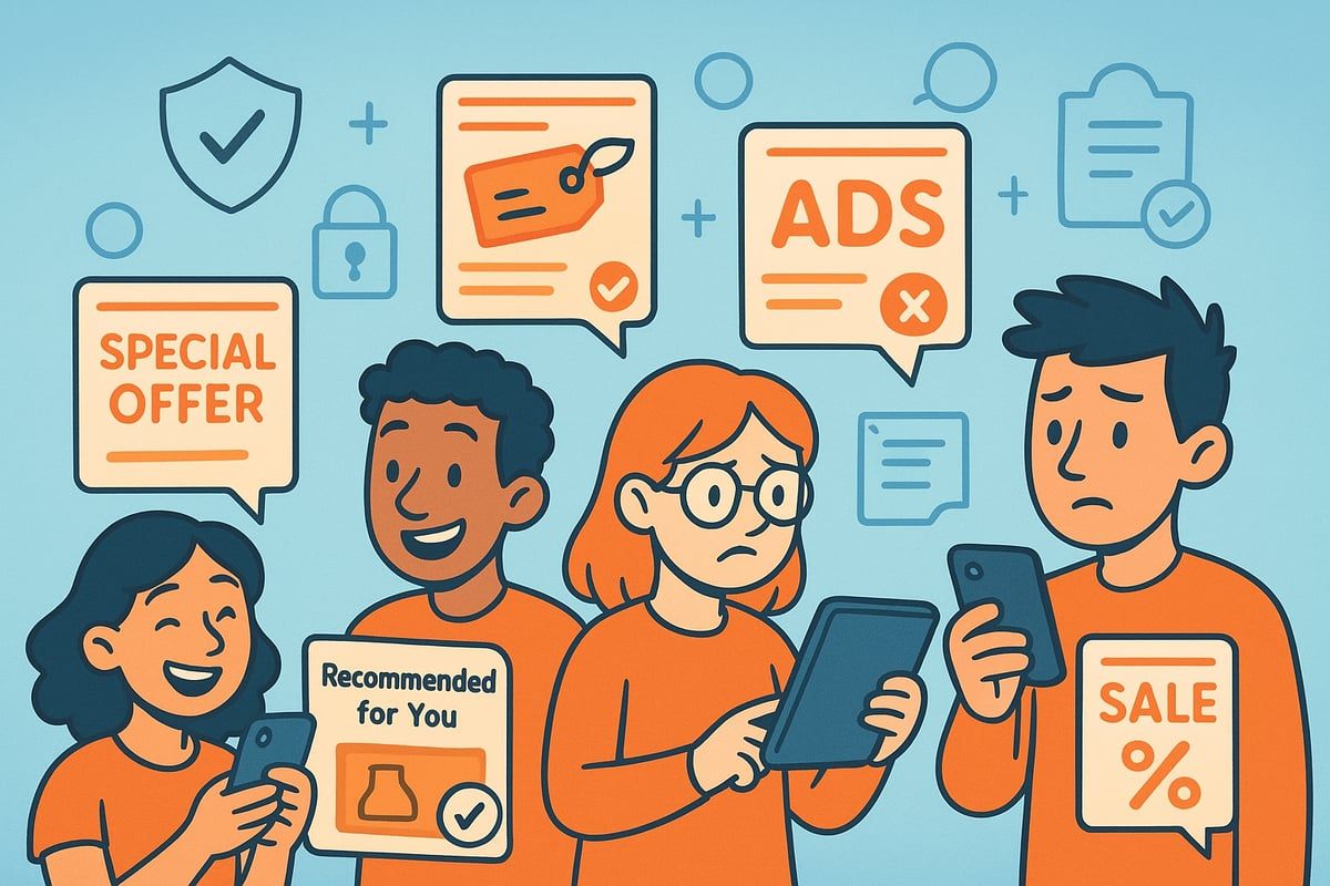 People using devices, receiving ads and offers, with varying emotions. Blue background, orange figures, speech bubbles.
