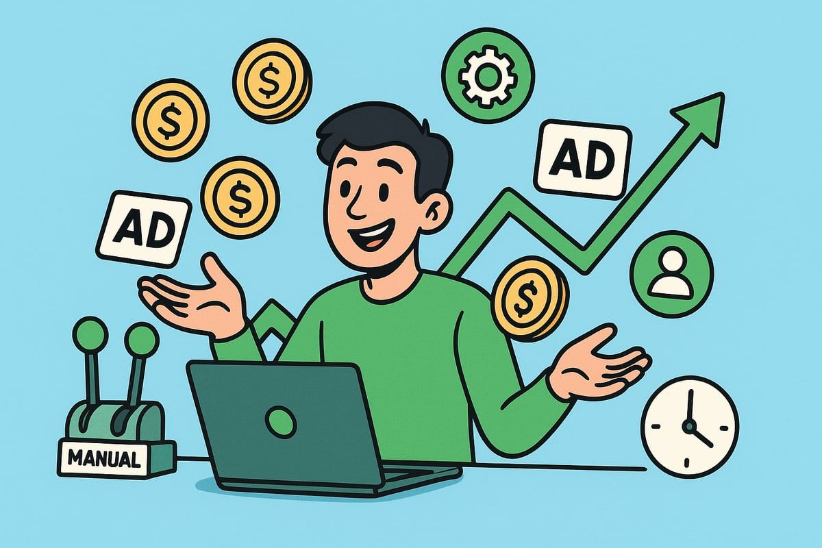 Man with laptop surrounded by ads, money, and growth chart, manual control lever in foreground.