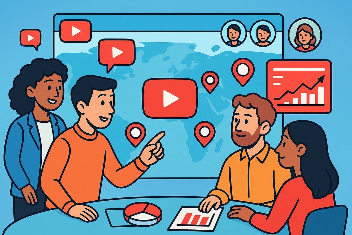 Team brainstorming around a table with YouTube interface, world map, and analytics.