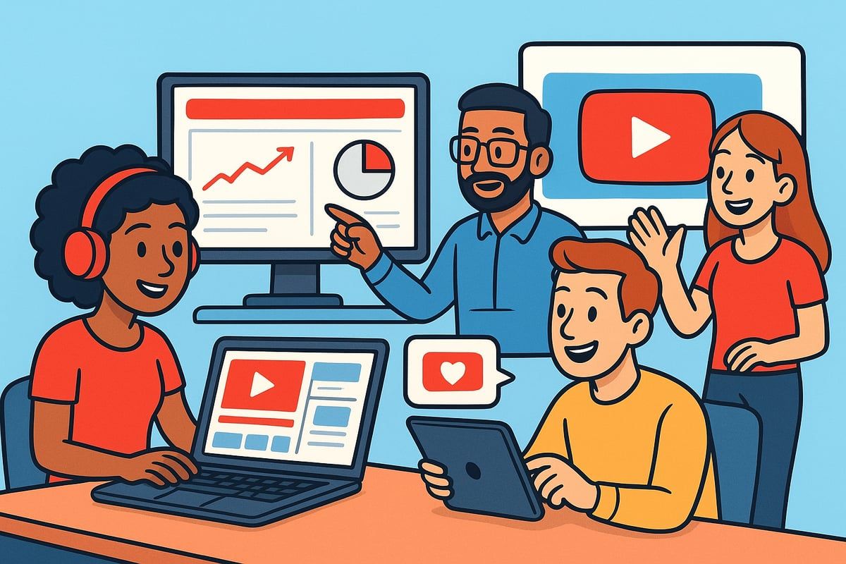 Group of people collaborating on a project with a laptop, tablet, and computer showing video and analytics.