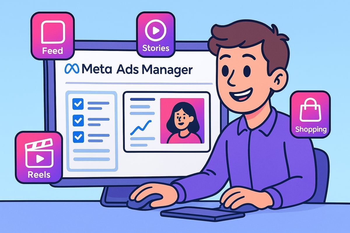 Man using Meta Ads Manager on computer, promoting ads for Feed, Stories, Reels, and Shopping.