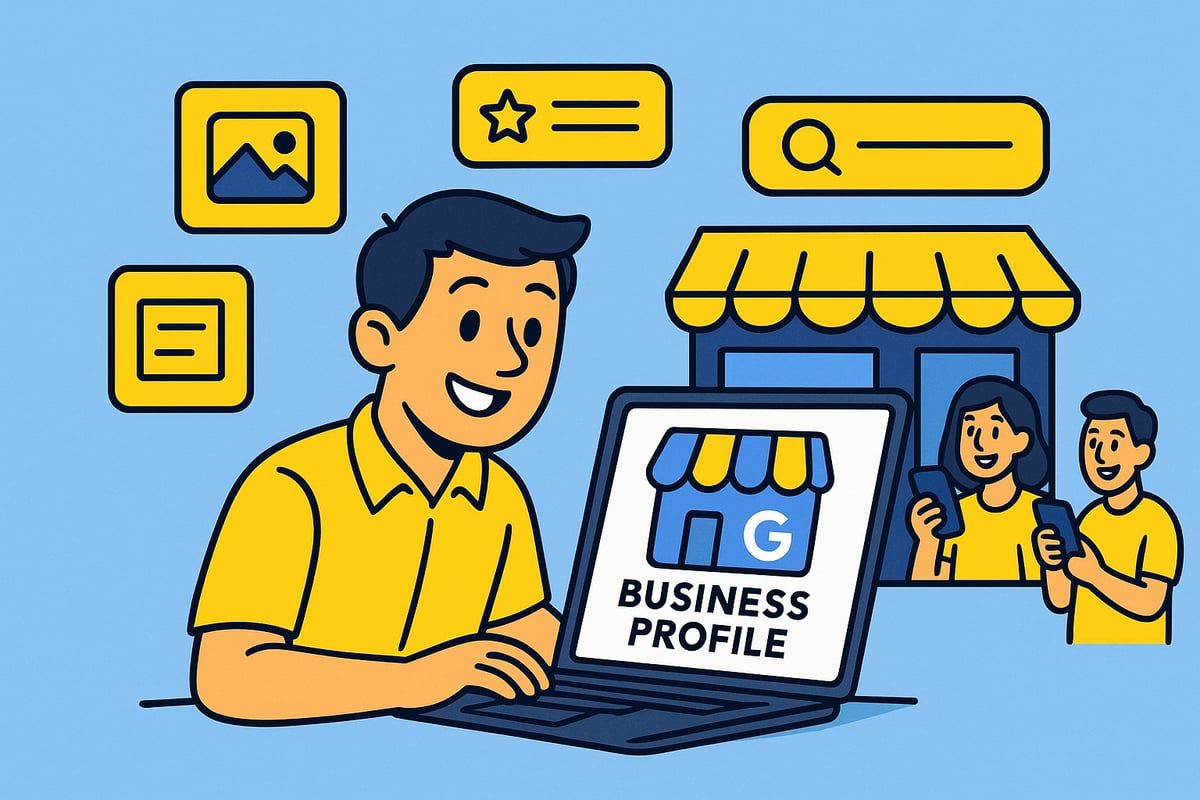 Man working on a Google Business Profile on a laptop, with icons and a shop illustration in the background.
