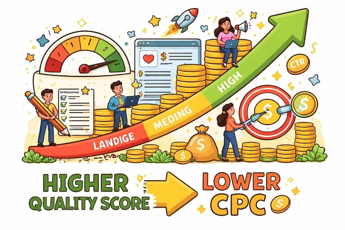 Illustration showing quality score rising with steps, impacting cost-per-click, featuring people, coins, and a rocket.