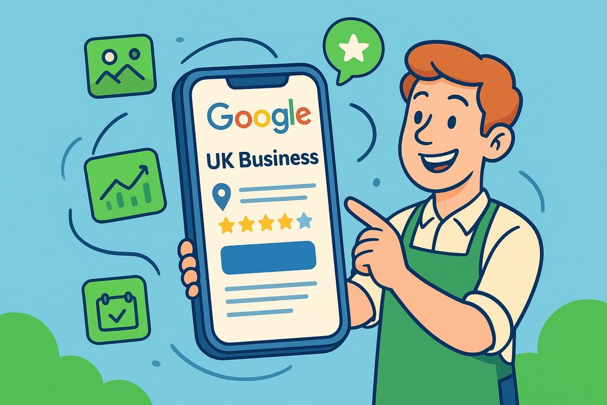Man pointing at a smartphone displaying Google UK Business profile with ratings and icons.