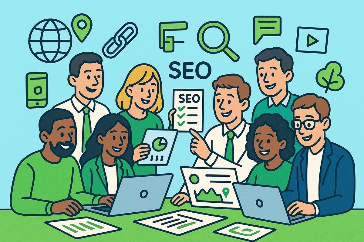 Team of people collaborating around a table with laptops, brainstorming SEO strategies. Green and blue color scheme.