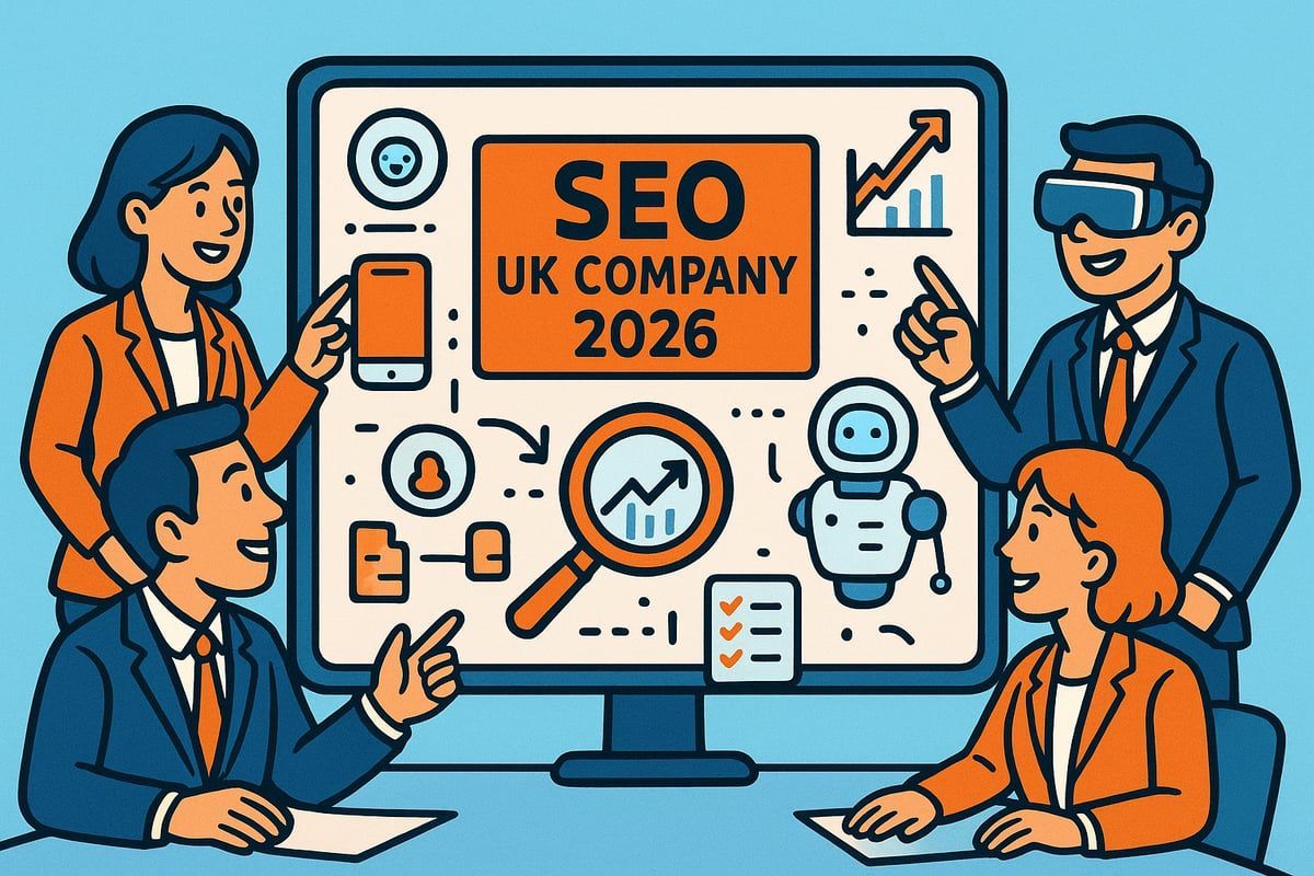 Illustration of five people around a large screen displaying 