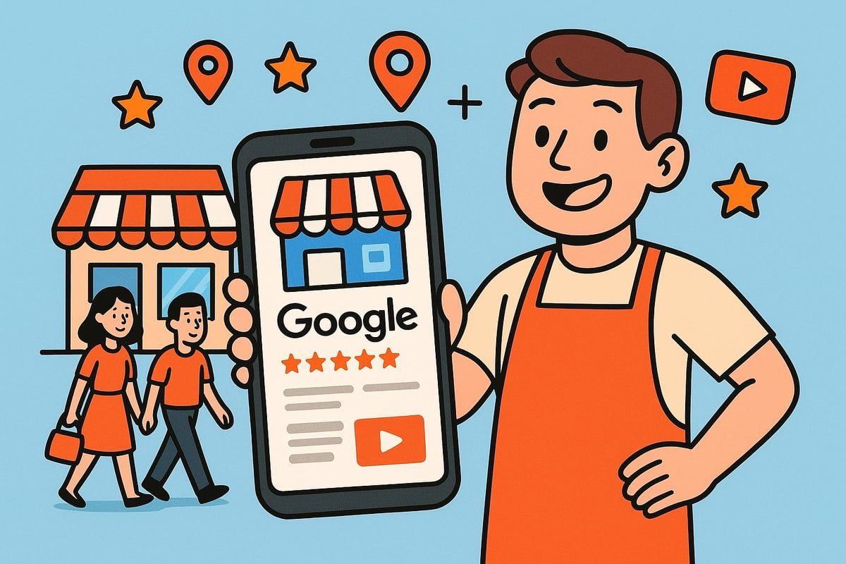 A person holding a phone showing a Google business profile. People walk in front of a store.