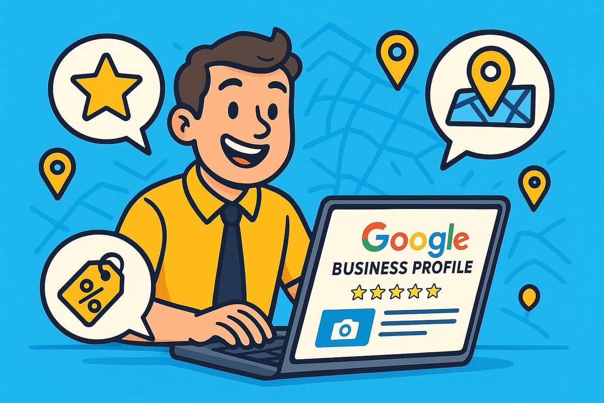 Man on laptop using Google Business Profile, surrounded by location pins and icons.