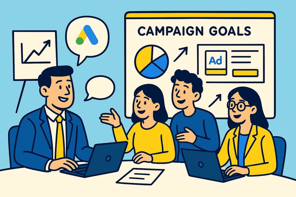 Team brainstorming campaign goals around a table with laptops, a presentation, and a Google Ads logo.