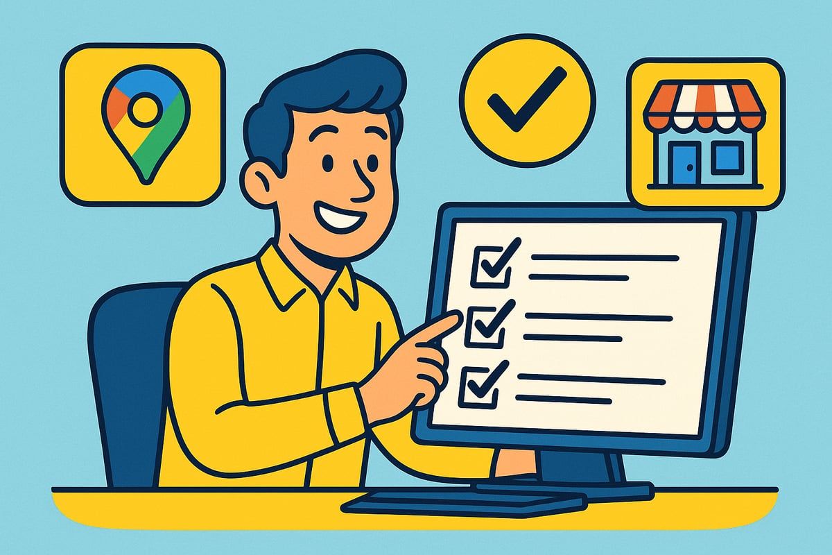 Man at computer, checking list, with Google Maps, checkmark, and shop icons.