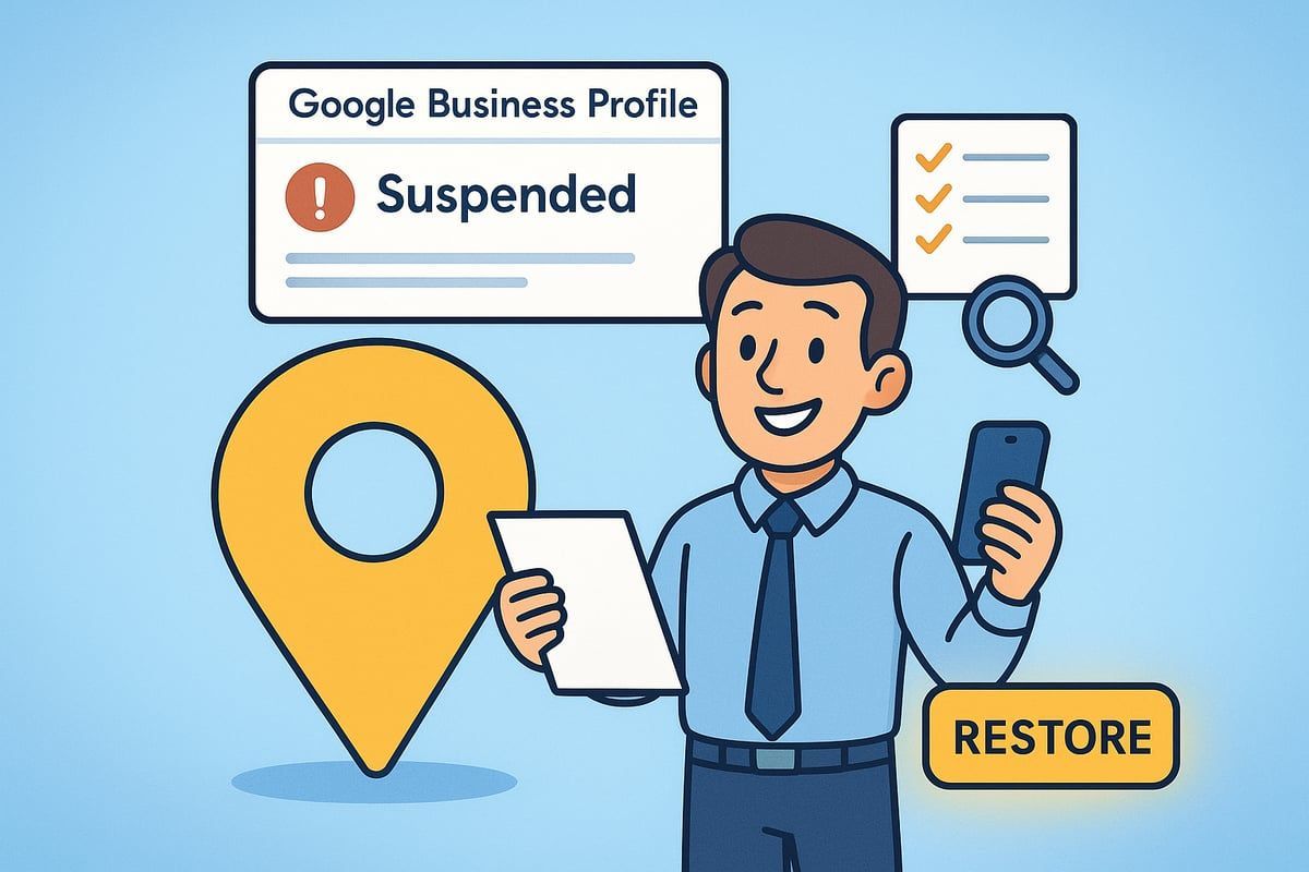Man holding documents and phone, with a suspended Google Business Profile notification. Location pin, magnifying glass, and restore button.