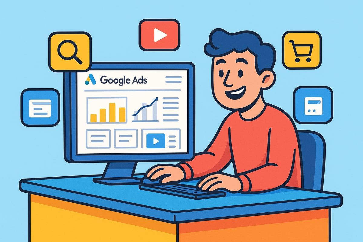 Person using computer with Google Ads interface, surrounded by digital icons, smiling.